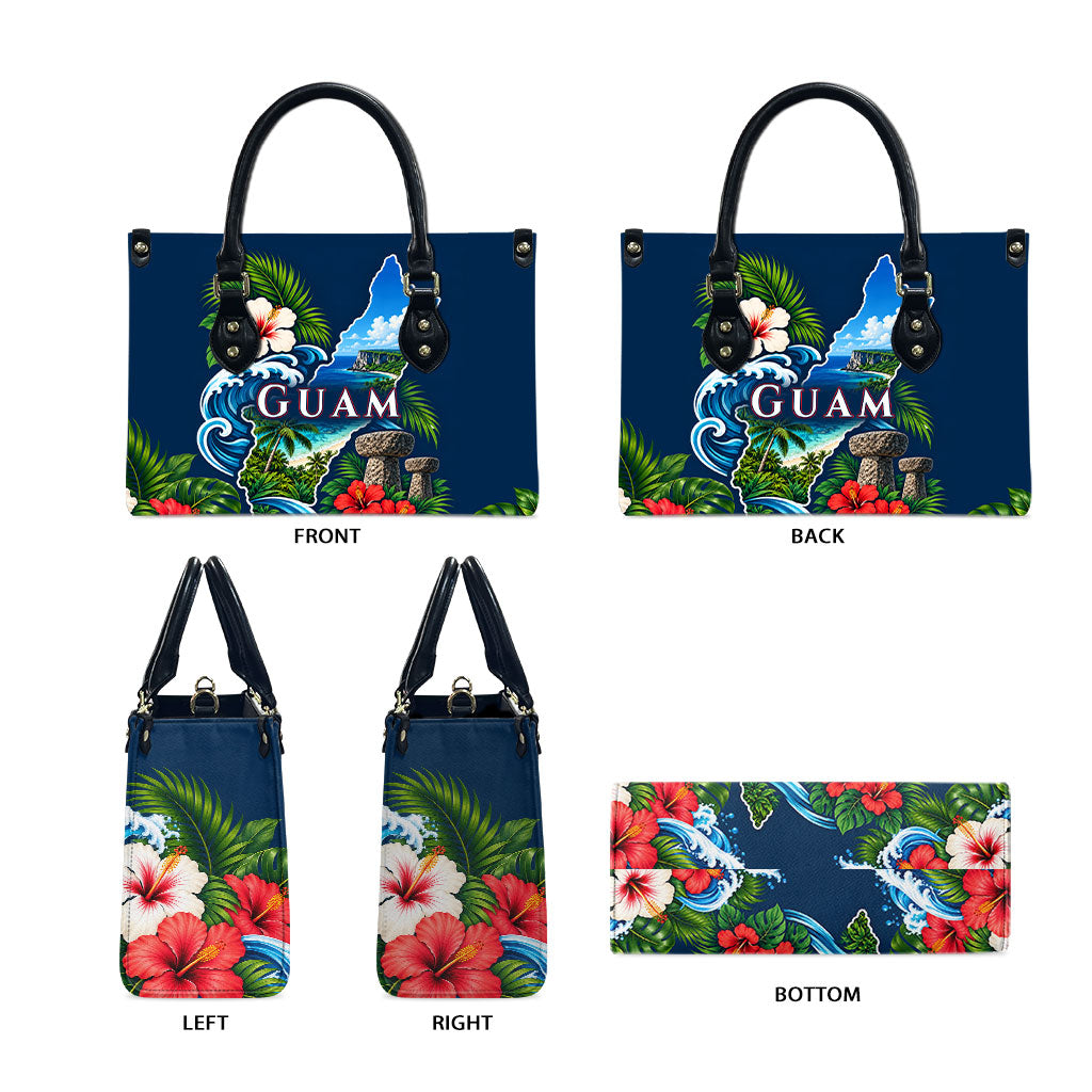 Guam Map Latte Stone Leather Bag Hibiscus Floral Coastal Landscape TS04 - Polynesian Pride