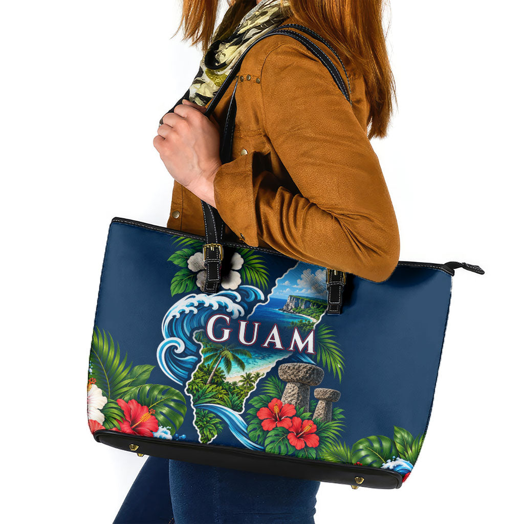 Guam Map Latte Stone Leather Tote Bag Hibiscus Floral Coastal Landscape TS04 Blue Red - Polynesian Pride