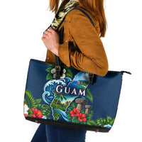 Guam Map Latte Stone Leather Tote Bag Hibiscus Floral Coastal Landscape TS04 Blue Red - Polynesian Pride
