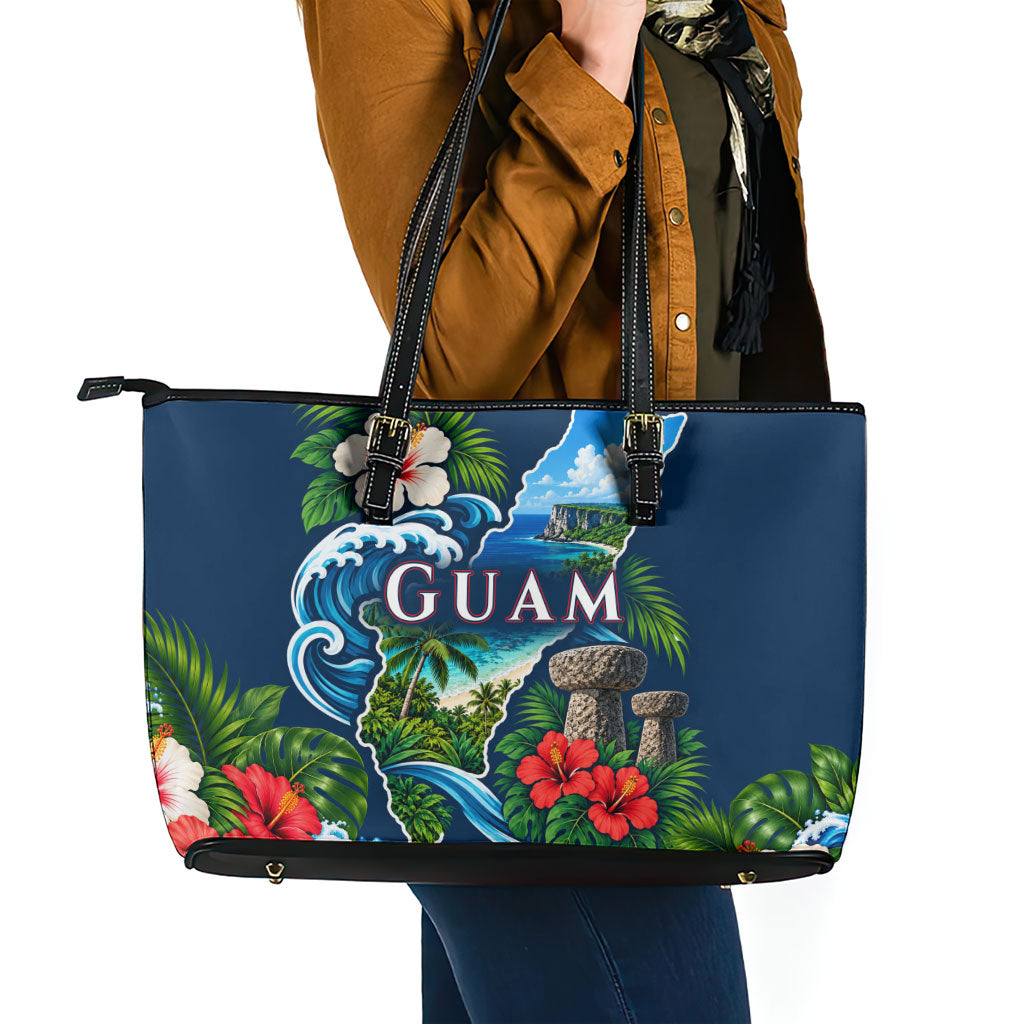 Guam Map Latte Stone Leather Tote Bag Hibiscus Floral Coastal Landscape TS04 - Polynesian Pride