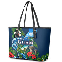 Guam Map Latte Stone Leather Tote Bag Hibiscus Floral Coastal Landscape TS04 - Polynesian Pride