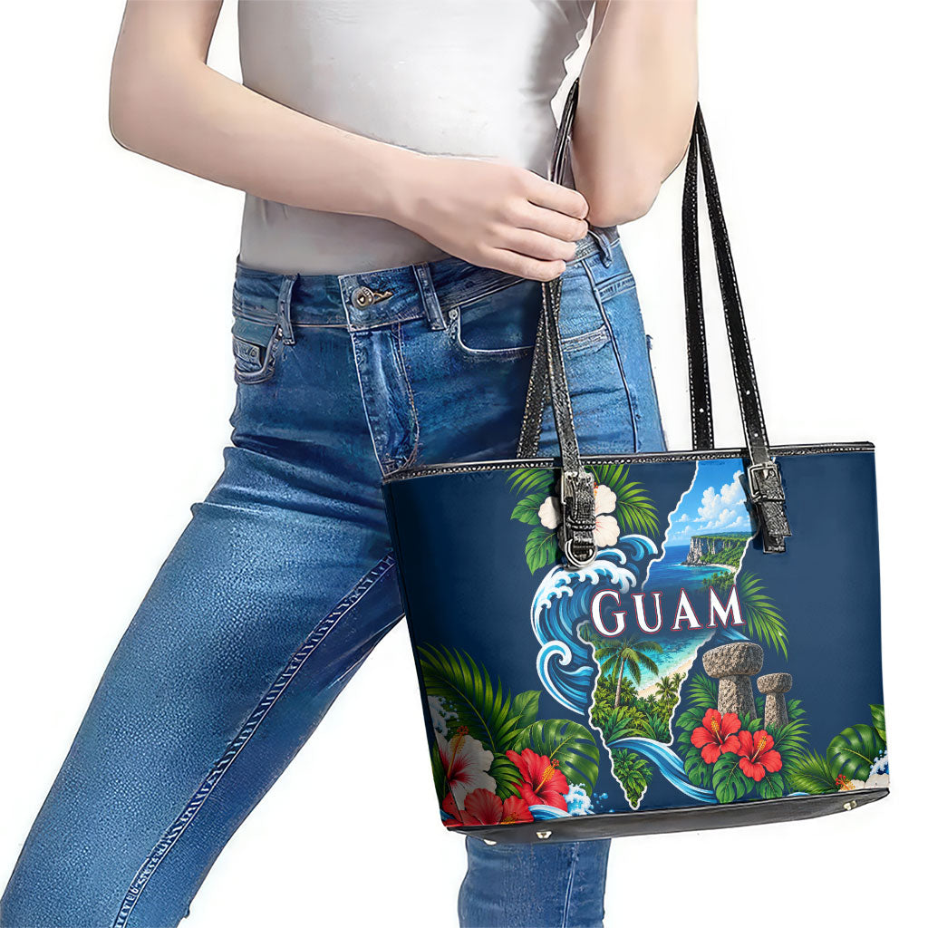 Guam Map Latte Stone Leather Tote Bag Hibiscus Floral Coastal Landscape TS04 - Polynesian Pride