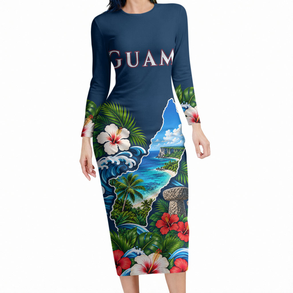 Guam Map Latte Stone Long Sleeve Bodycon Dress Hibiscus Floral Coastal Landscape TS04 Long Dress Blue Red - Polynesian Pride