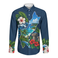 Guam Map Latte Stone Long Sleeve Button Shirt Hibiscus Floral Coastal Landscape TS04 Unisex Blue Red - Polynesian Pride