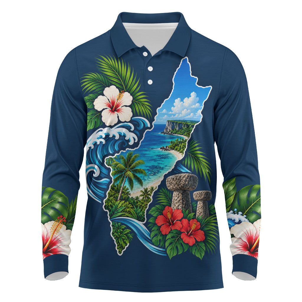 Guam Map Latte Stone Long Sleeve Polo Shirt Hibiscus Floral Coastal Landscape TS04 Blue Red - Polynesian Pride