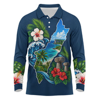 Guam Map Latte Stone Long Sleeve Polo Shirt Hibiscus Floral Coastal Landscape TS04 Blue Red - Polynesian Pride