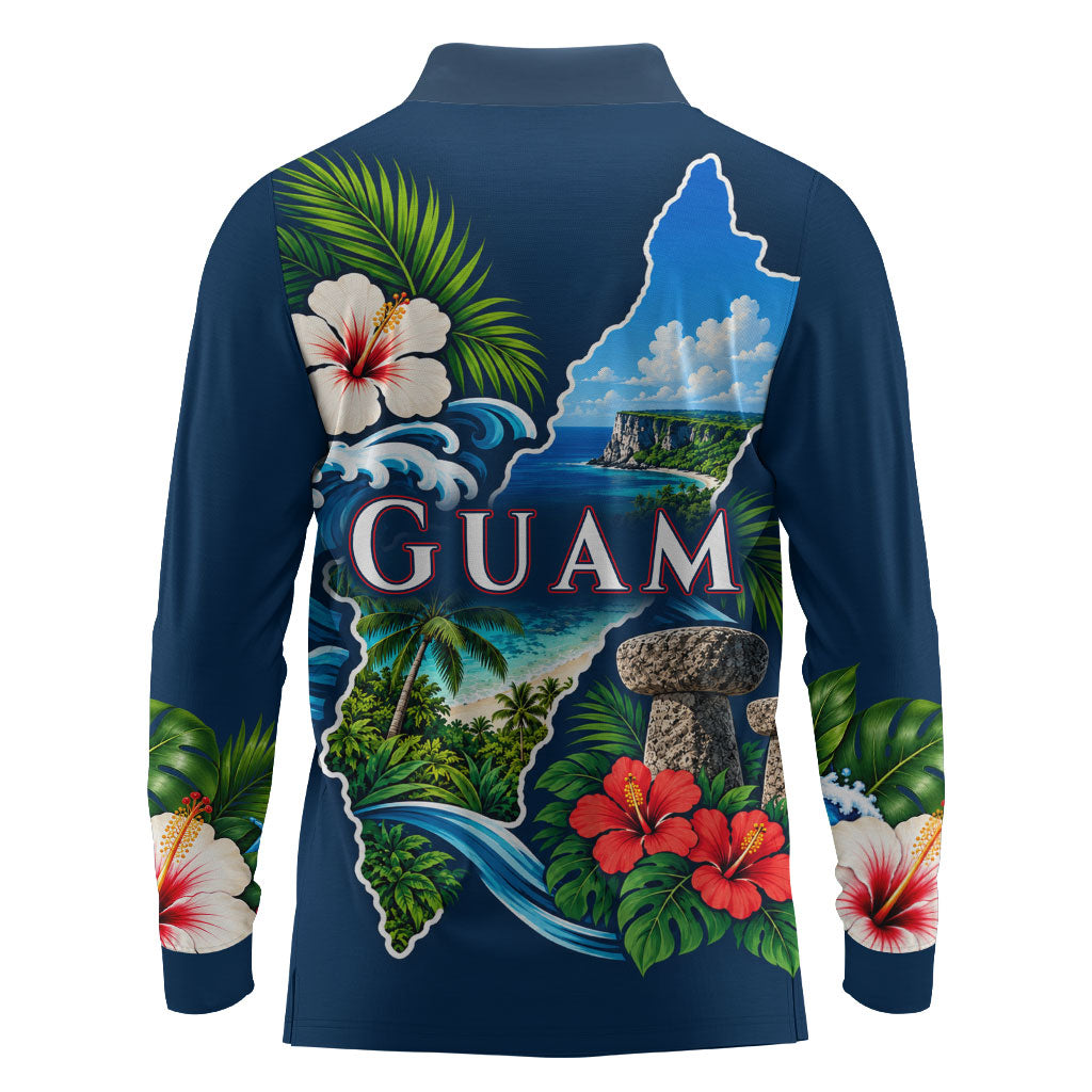 Guam Map Latte Stone Long Sleeve Polo Shirt Hibiscus Floral Coastal Landscape TS04 - Polynesian Pride