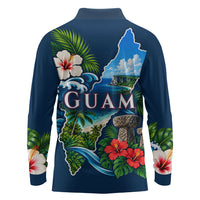 Guam Map Latte Stone Long Sleeve Polo Shirt Hibiscus Floral Coastal Landscape TS04 - Polynesian Pride
