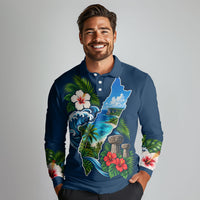 Guam Map Latte Stone Long Sleeve Polo Shirt Hibiscus Floral Coastal Landscape TS04 - Polynesian Pride