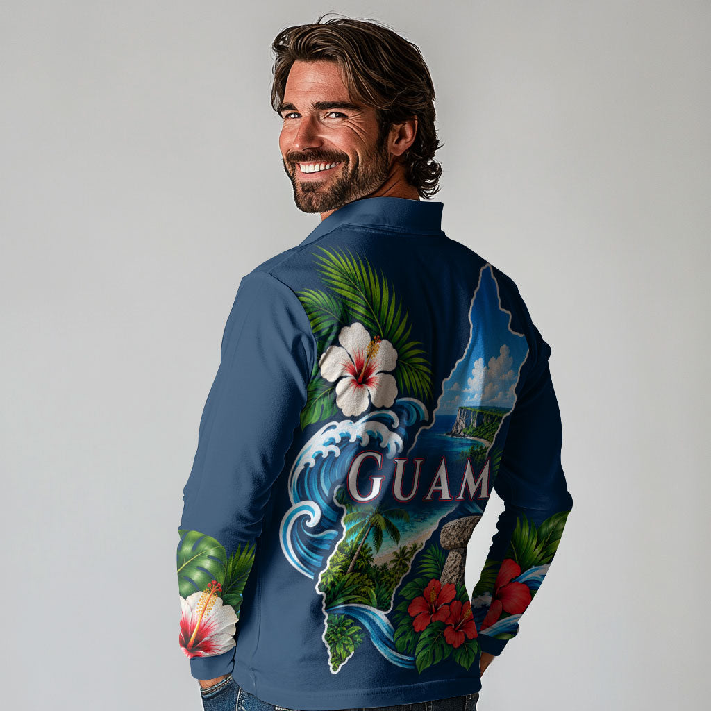 Guam Map Latte Stone Long Sleeve Polo Shirt Hibiscus Floral Coastal Landscape TS04 - Polynesian Pride