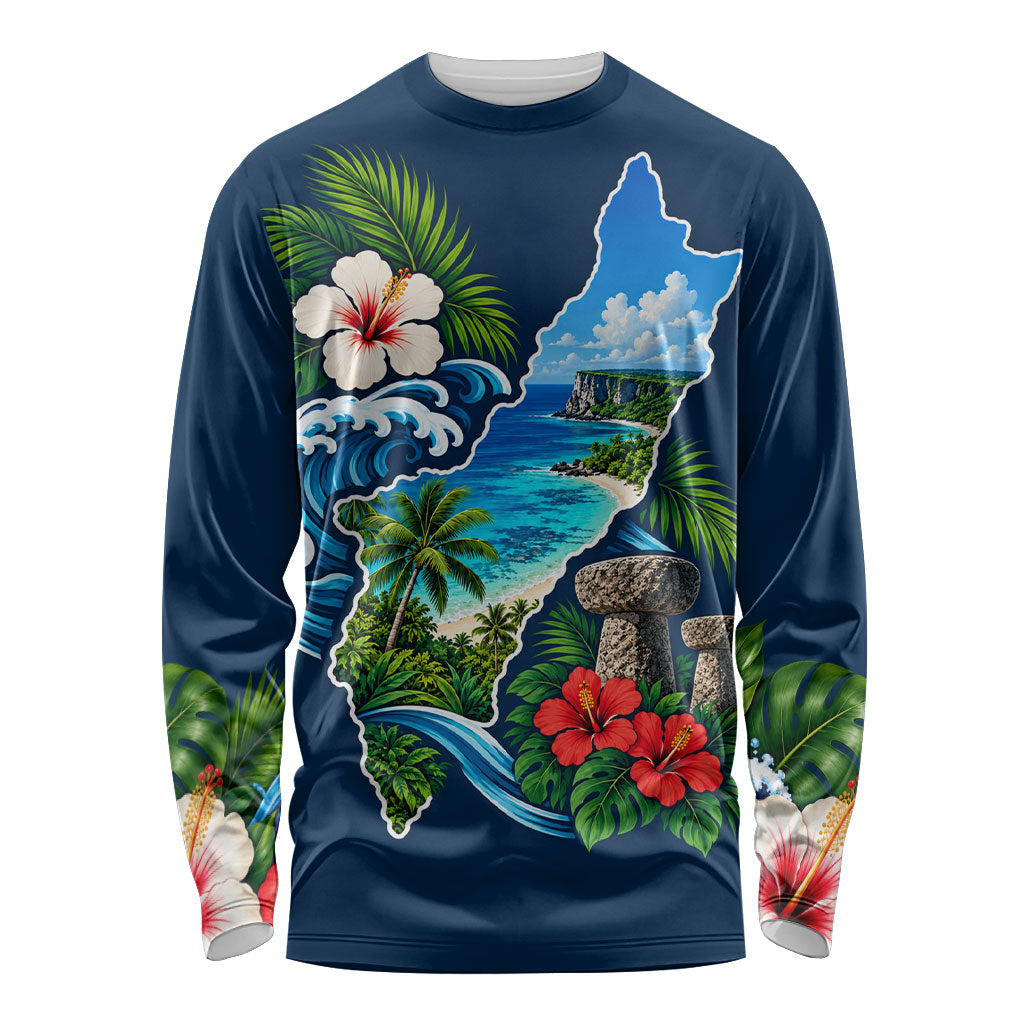 Guam Map Latte Stone Long Sleeve Shirt Hibiscus Floral Coastal Landscape TS04 Unisex Blue Red - Polynesian Pride