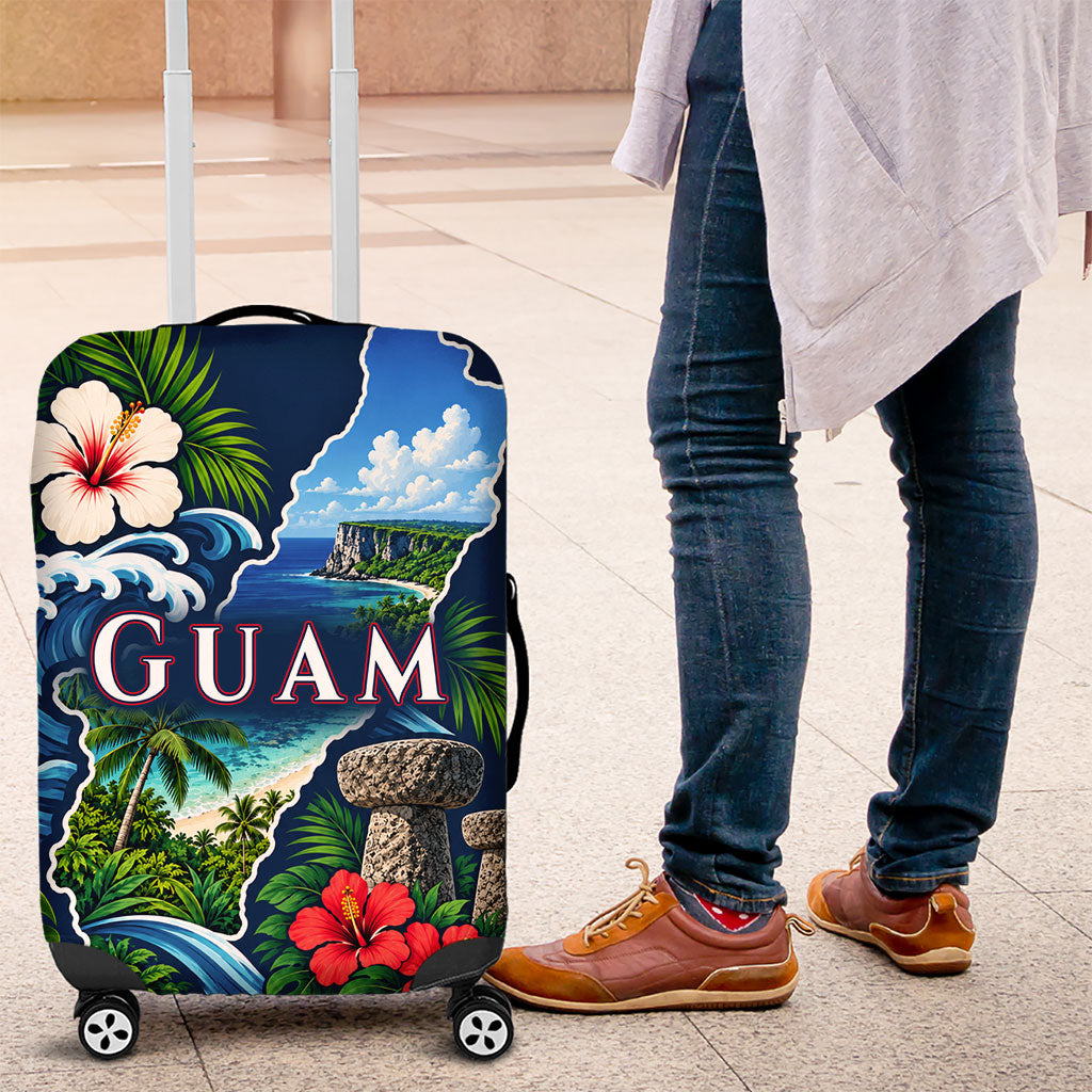 Guam Map Latte Stone Luggage Cover Hibiscus Floral Coastal Landscape TS04 Blue Red - Polynesian Pride