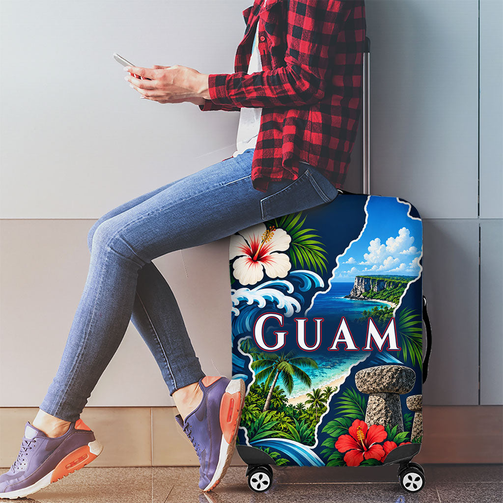Guam Map Latte Stone Luggage Cover Hibiscus Floral Coastal Landscape TS04 - Polynesian Pride