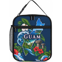 Guam Map Latte Stone Lunch Bag Hibiscus Floral Coastal Landscape TS04 10.2 × 8.3 × 4.3 inch Blue Red - Polynesian Pride