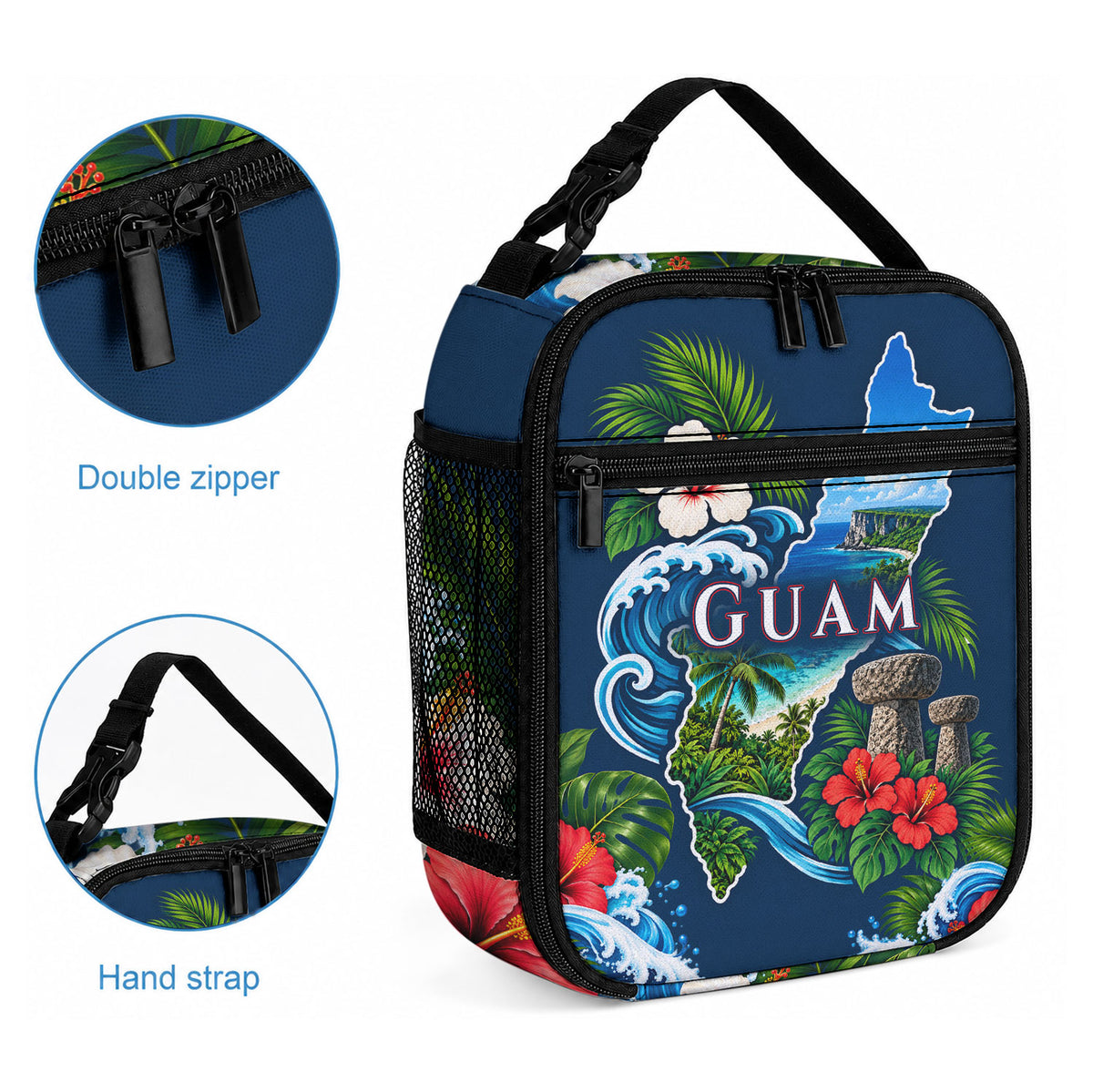 Guam Map Latte Stone Lunch Bag Hibiscus Floral Coastal Landscape TS04 - Polynesian Pride