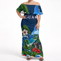 Guam Map Latte Stone Off Shoulder Maxi Dress Hibiscus Floral Coastal Landscape TS04 Women Blue Red - Polynesian Pride