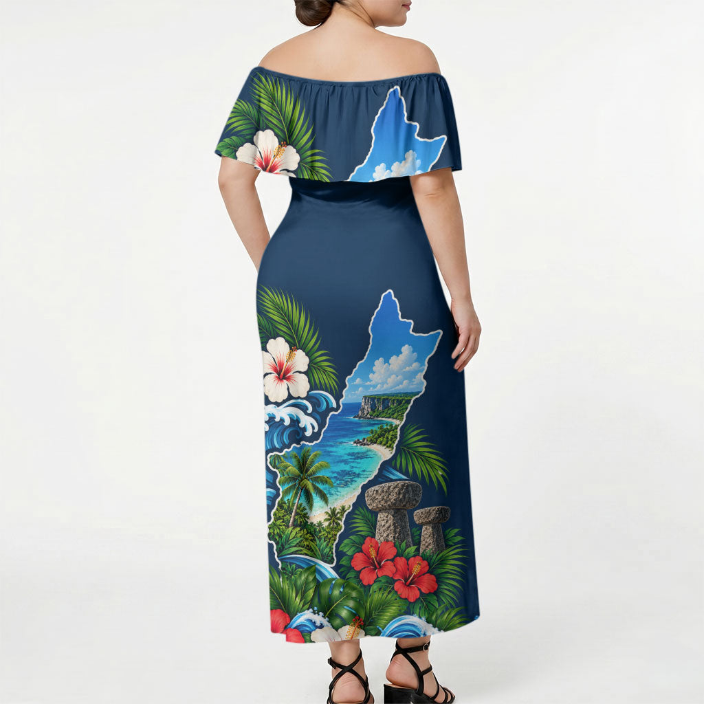 Guam Map Latte Stone Off Shoulder Maxi Dress Hibiscus Floral Coastal Landscape TS04 - Polynesian Pride