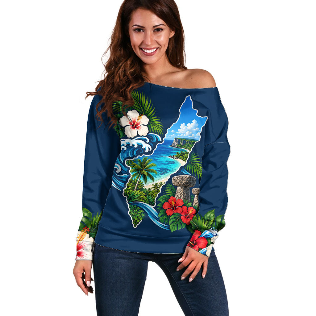 Guam Map Latte Stone Off Shoulder Sweater Hibiscus Floral Coastal Landscape TS04 Women Blue Red - Polynesian Pride