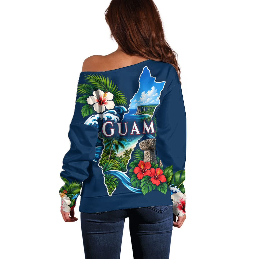 Guam Map Latte Stone Off Shoulder Sweater Hibiscus Floral Coastal Landscape TS04 - Polynesian Pride
