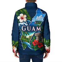 Guam Map Latte Stone Padded Jacket Hibiscus Floral Coastal Landscape TS04 - Polynesian Pride