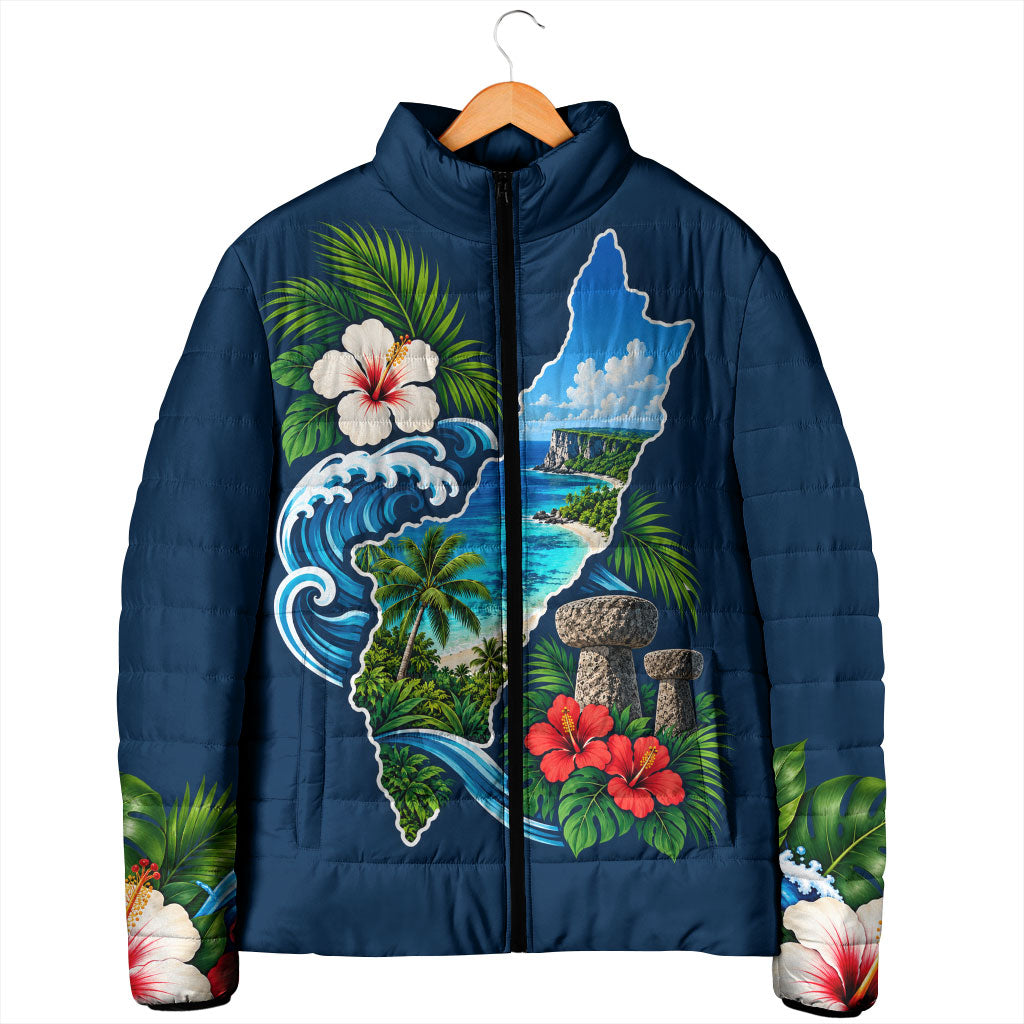 Guam Map Latte Stone Padded Jacket Hibiscus Floral Coastal Landscape TS04 - Polynesian Pride