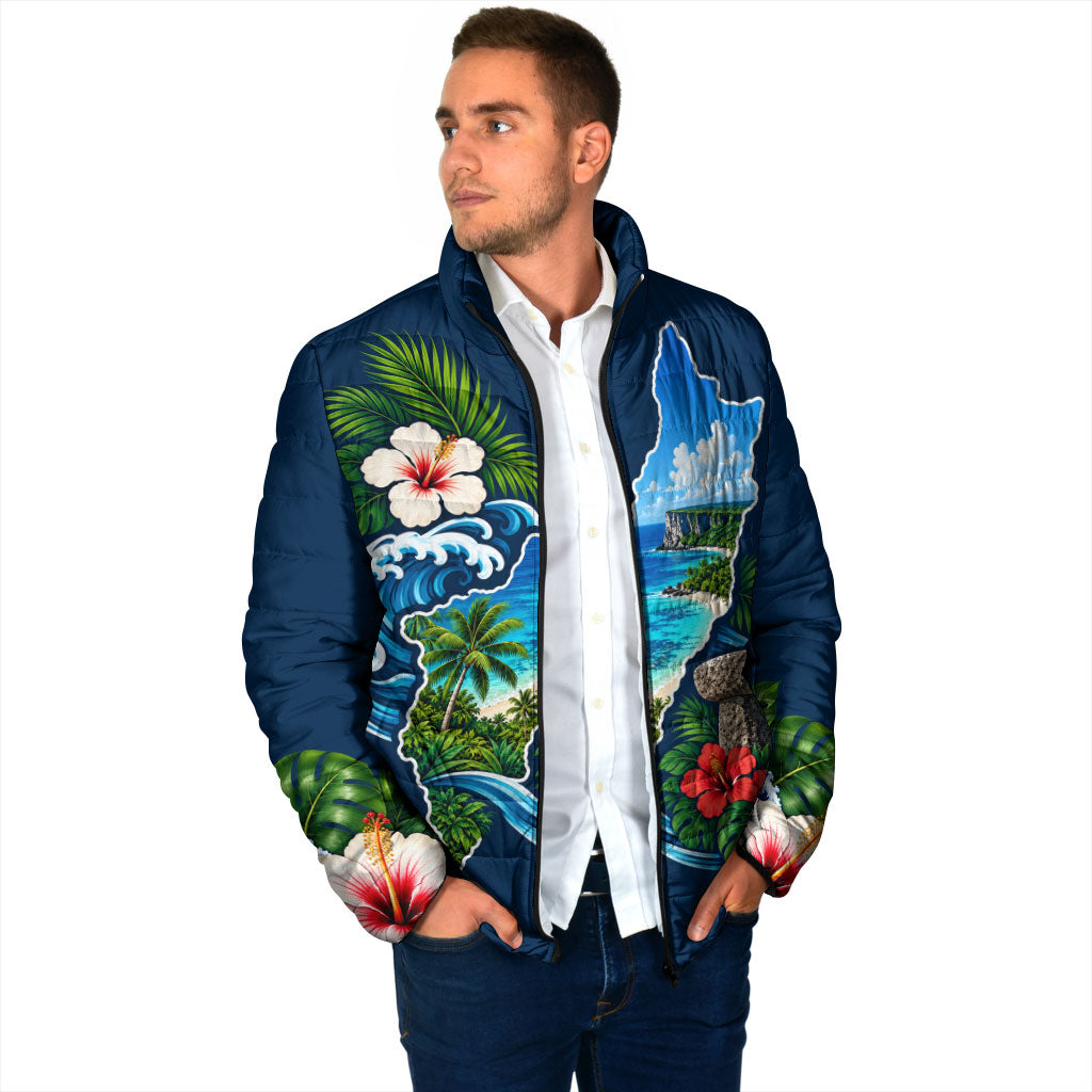 Guam Map Latte Stone Padded Jacket Hibiscus Floral Coastal Landscape TS04 - Polynesian Pride