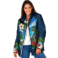 Guam Map Latte Stone Padded Jacket Hibiscus Floral Coastal Landscape TS04 Women Blue Red - Polynesian Pride