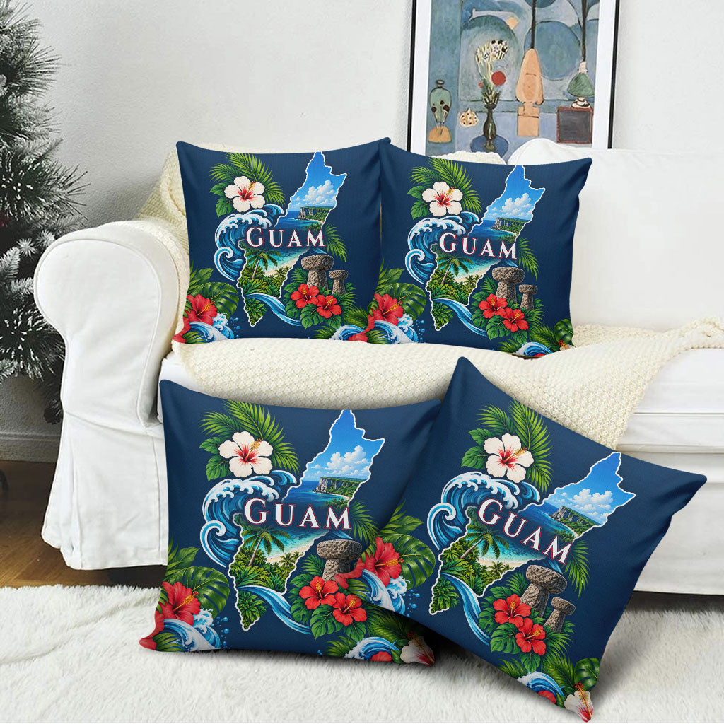 Guam Map Latte Stone Pillow Cover Hibiscus Floral Coastal Landscape TS04 - Polynesian Pride