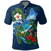 Guam Map Latte Stone Polo Shirt Hibiscus Floral Coastal Landscape TS04 Blue Red - Polynesian Pride