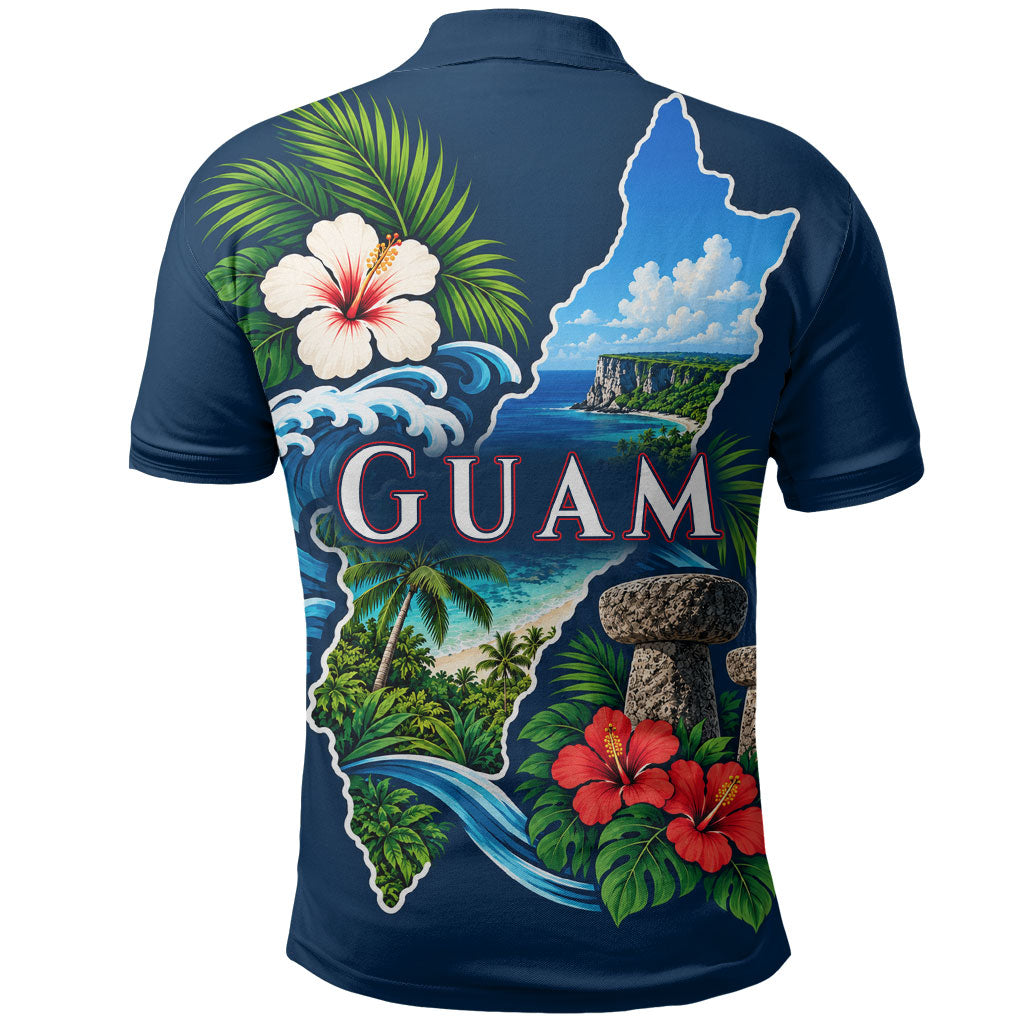 Guam Map Latte Stone Polo Shirt Hibiscus Floral Coastal Landscape TS04 - Polynesian Pride