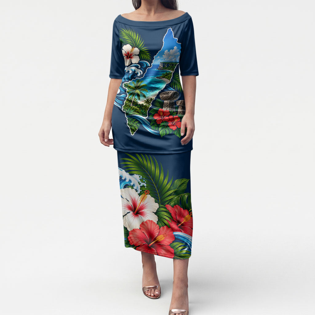 Guam Map Latte Stone Puletasi Hibiscus Floral Coastal Landscape TS04 Long Dress Blue Red - Polynesian Pride