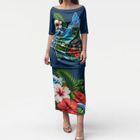 Guam Map Latte Stone Puletasi Hibiscus Floral Coastal Landscape TS04 Long Dress Blue Red - Polynesian Pride