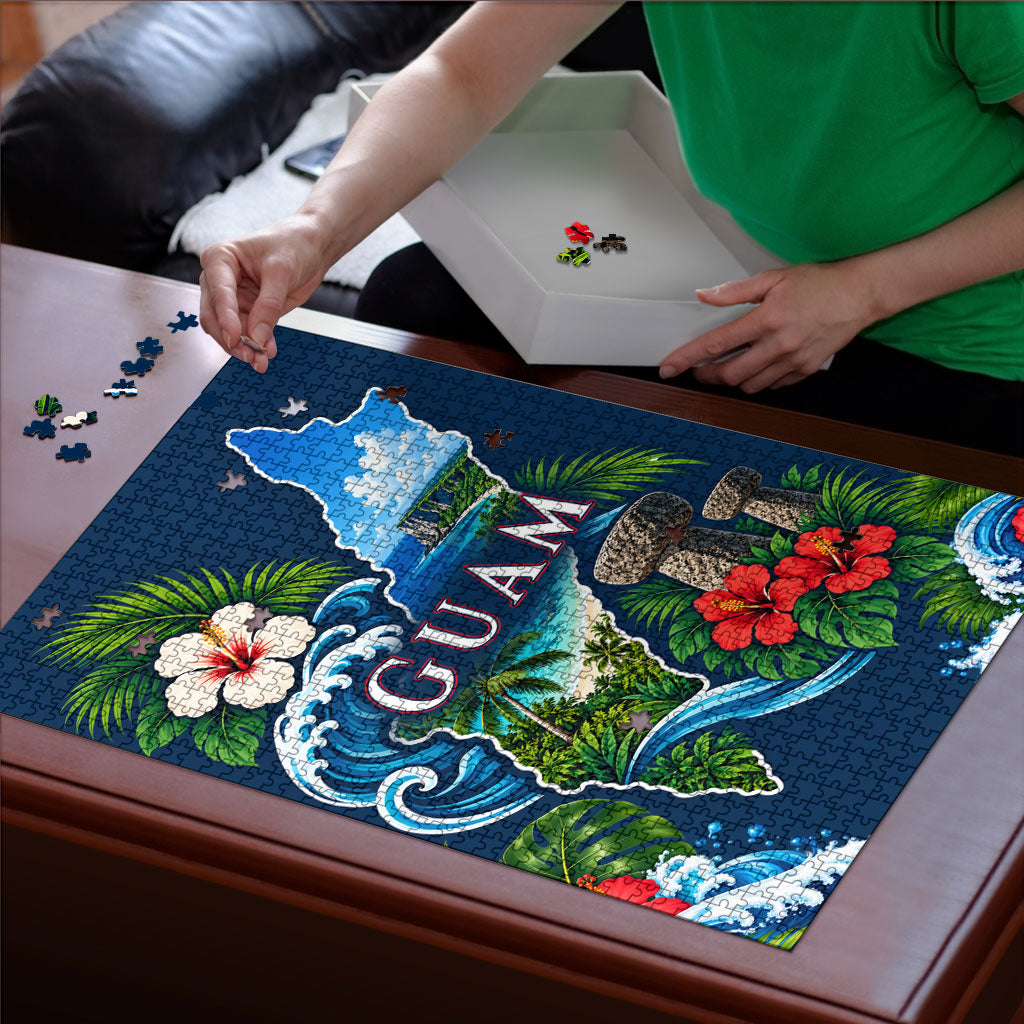 Guam Map Latte Stone Puzzle Hibiscus Floral Coastal Landscape TS04 - Polynesian Pride