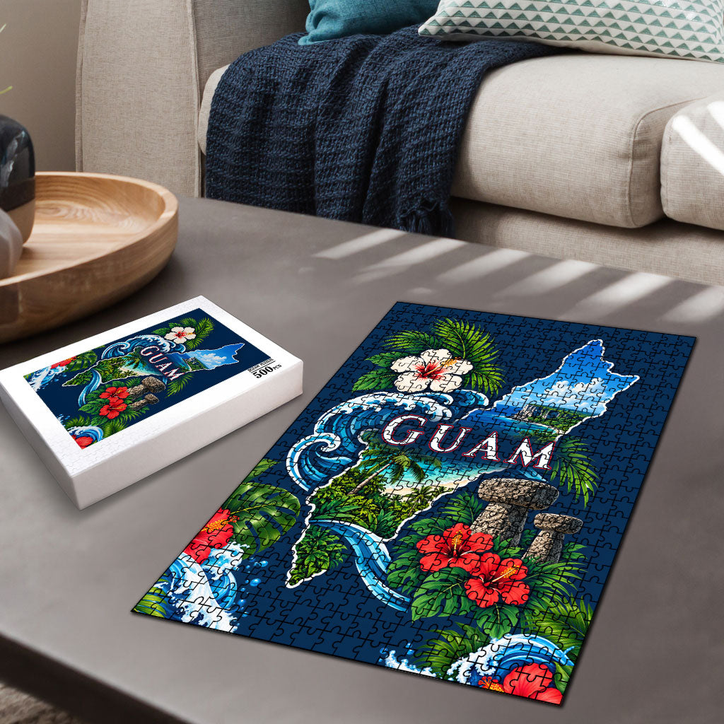Guam Map Latte Stone Puzzle Hibiscus Floral Coastal Landscape TS04 - Polynesian Pride