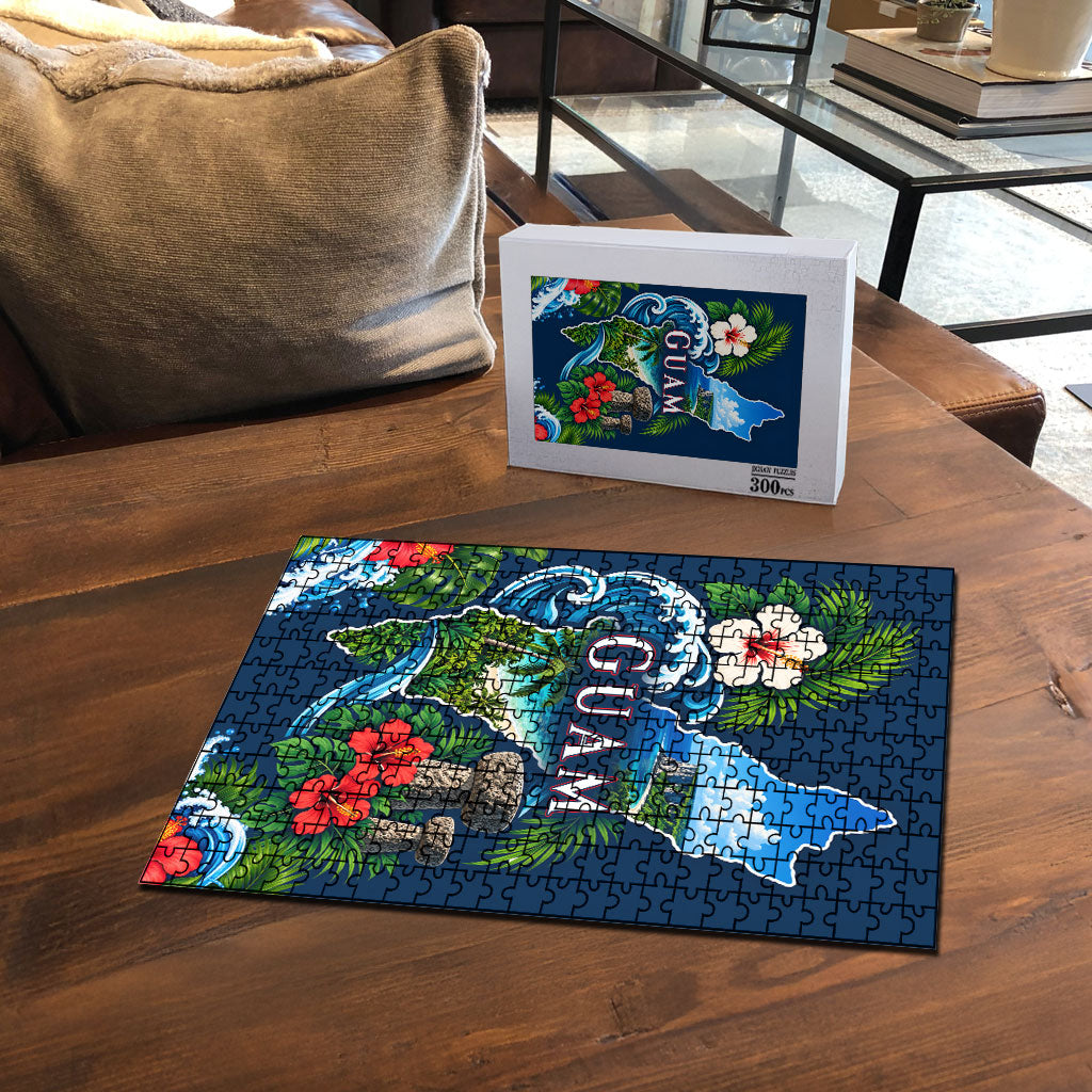 Guam Map Latte Stone Puzzle Hibiscus Floral Coastal Landscape TS04 - Polynesian Pride