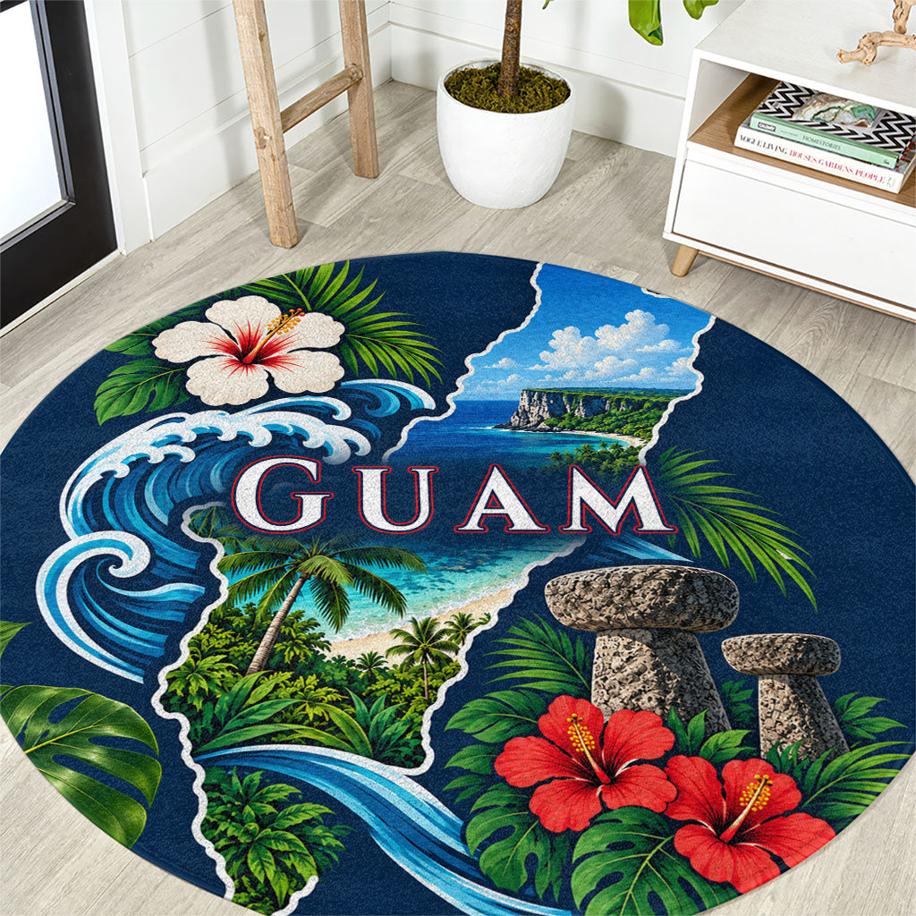 Guam Map Latte Stone Round Carpet Hibiscus Floral Coastal Landscape TS04 Blue Red - Polynesian Pride
