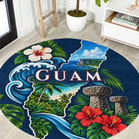 Guam Map Latte Stone Round Carpet Hibiscus Floral Coastal Landscape TS04 Blue Red - Polynesian Pride