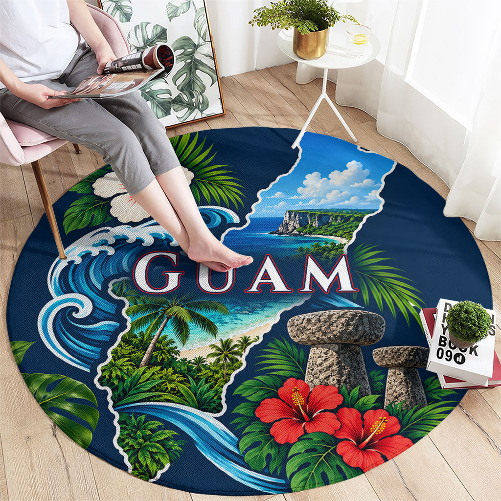 Guam Map Latte Stone Round Carpet Hibiscus Floral Coastal Landscape TS04 - Polynesian Pride