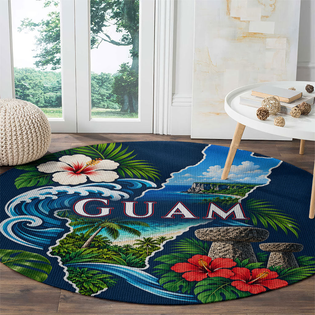 Guam Map Latte Stone Round Carpet Hibiscus Floral Coastal Landscape TS04 - Polynesian Pride