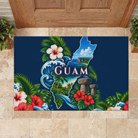 Guam Map Latte Stone Rubber Doormat Hibiscus Floral Coastal Landscape TS04 Blue Red - Polynesian Pride