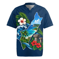 Guam Map Latte Stone Rugby Jersey Hibiscus Floral Coastal Landscape TS04 Blue Red - Polynesian Pride