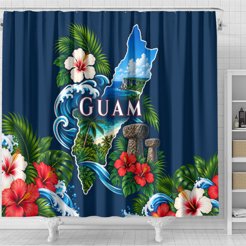 Guam Map Latte Stone Shower Curtain Hibiscus Floral Coastal Landscape TS04 - Polynesian Pride