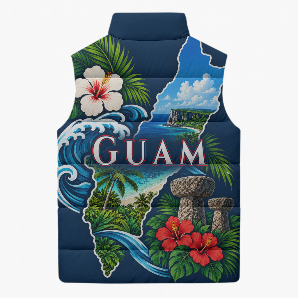 Guam Map Latte Stone Sleeveless Puffer Jacket Hibiscus Floral Coastal Landscape TS04 - Polynesian Pride