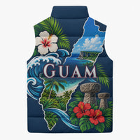 Guam Map Latte Stone Sleeveless Puffer Jacket Hibiscus Floral Coastal Landscape TS04 - Polynesian Pride
