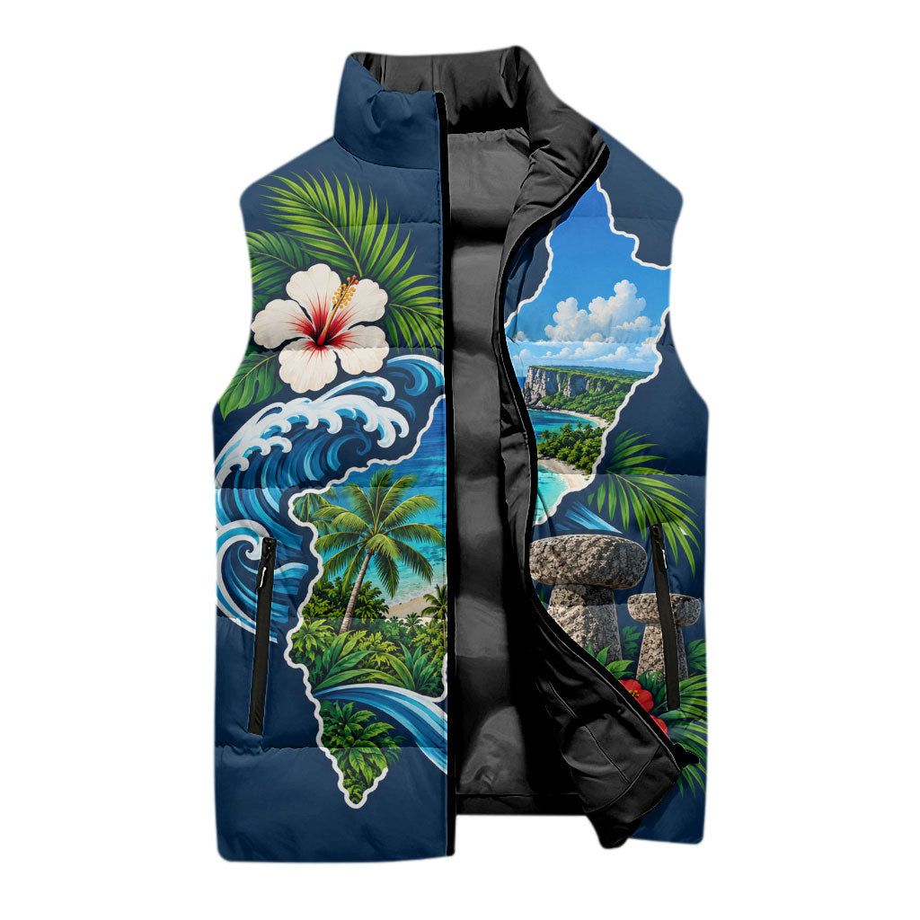 Guam Map Latte Stone Sleeveless Puffer Jacket Hibiscus Floral Coastal Landscape TS04 - Polynesian Pride