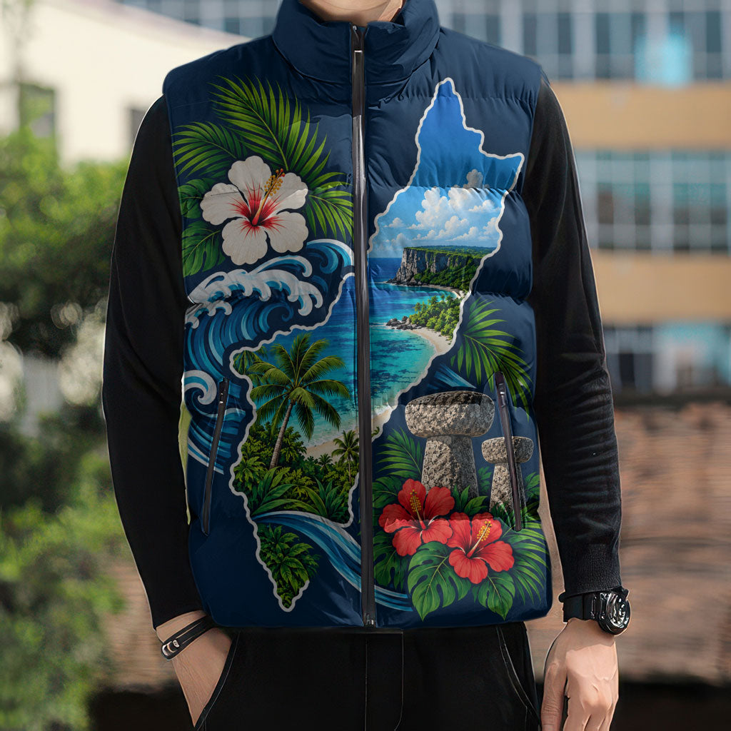 Guam Map Latte Stone Sleeveless Puffer Jacket Hibiscus Floral Coastal Landscape TS04 - Polynesian Pride