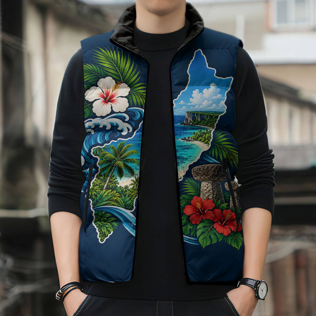 Guam Map Latte Stone Sleeveless Puffer Jacket Hibiscus Floral Coastal Landscape TS04 - Polynesian Pride
