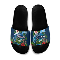 Guam Map Latte Stone Slide Sandals Hibiscus Floral Coastal Landscape TS04 Blue Red - Polynesian Pride