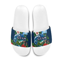 Guam Map Latte Stone Slide Sandals Hibiscus Floral Coastal Landscape TS04 Blue Red - Polynesian Pride