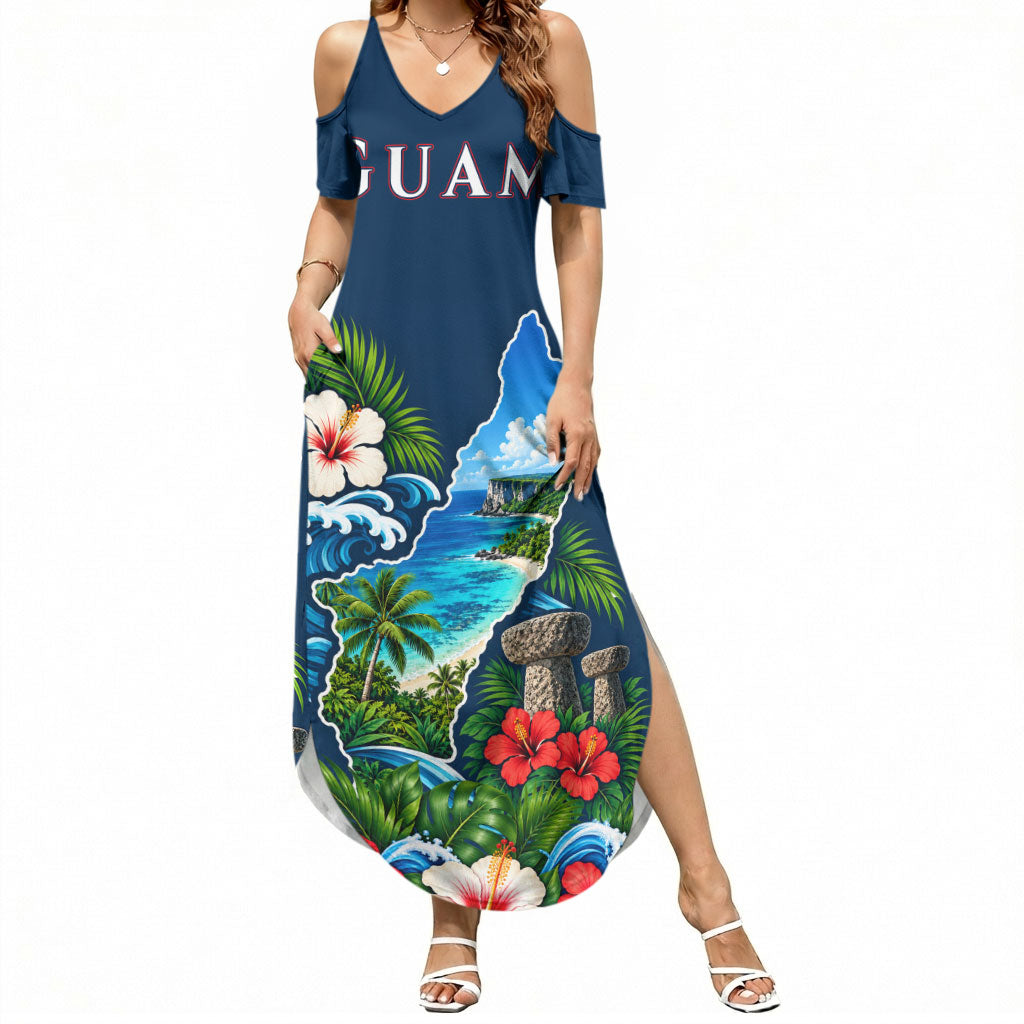 Guam Map Latte Stone Summer Maxi Dress Hibiscus Floral Coastal Landscape TS04 Women Blue Red - Polynesian Pride